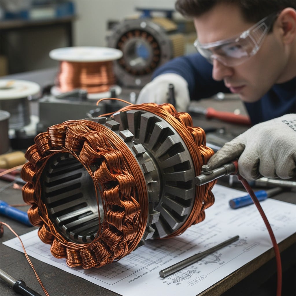 Koruyucu gözlük takan bir teknisyen, çalışma masasında bakır teller sarılmış elektrik motoru stator parçalarını onarıyor.